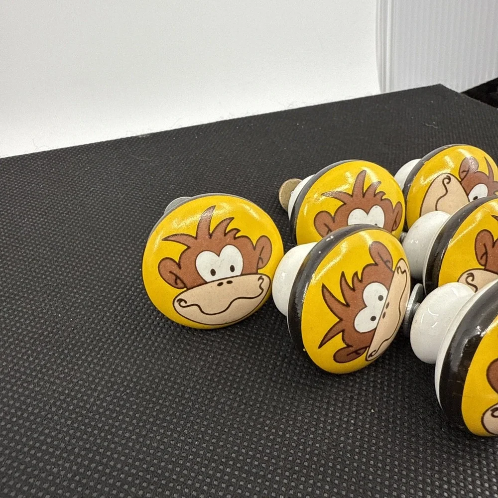 6 Porcelain Monkey Drawer Knobs Door Pulls Yellow Funny Face‎ 1.25